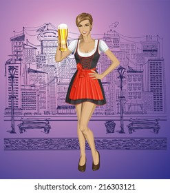Vector cute woman in drindl on oktoberfest with beer