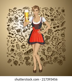 Vector cute woman in drindl on oktoberfest with beer
