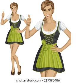 Vector cute woman in drindl on oktoberfest shows well done