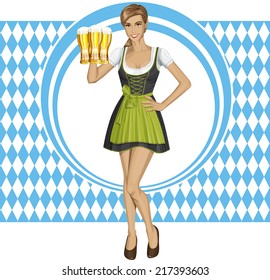 Vector cute woman in drindl on oktoberfest with beer