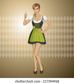 Vector cute woman in drindl on oktoberfest shows well done