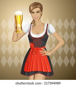 Vector cute woman in drindl on oktoberfest with beer