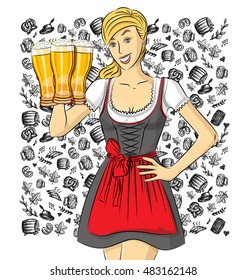 Vector cute woman in drindl on oktoberfest with beer in her hand