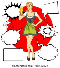 Vector cute woman in drindl on oktoberfest with beer in her hand