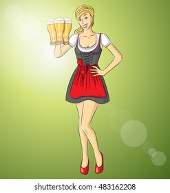 Vector cute woman in drindl on oktoberfest with beer in her hand