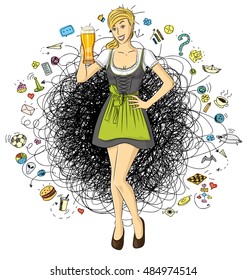 Vector cute woman in drindl on oktoberfest with beer in her hand