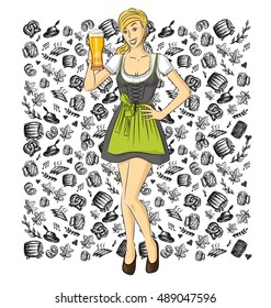 Vector cute woman in drindl on oktoberfest shows well done