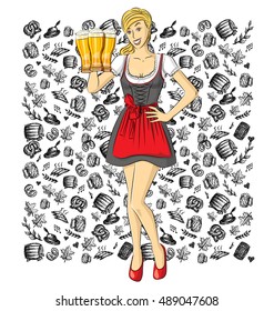 Vector cute woman in drindl on oktoberfest shows well done