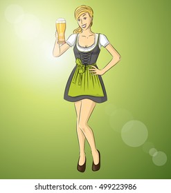 Vector cute woman in drindl on oktoberfest with beer in her hand