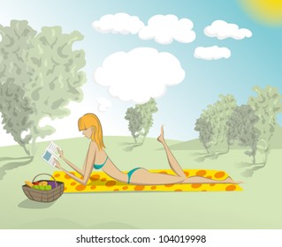 Mujer vectora linda leyendo el libro al aire libre, y soñando