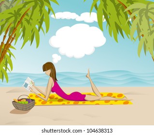 Vector cute woman reading the book on the beach, and dreaming