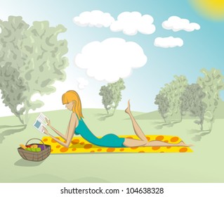 Vector cute woman reading the book outdoors, and dreaming
