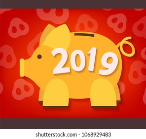 Vector cute yellow money box as a pig symbol of 2019 year calendar front page or poster template
