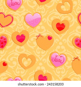 Vector cute yellow seamless Valentine's Day pattern with heart shaped cookies
