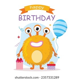 Vector cute yellow shaggy monster and balloon, present gift boxes. Cartoon icon. Babe birthday clipart isolated on white