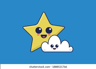 Vector Cute Yellow Star and Cloud Characters Icon Logo Design. Illustration of Happy Face in Kawaii Style.