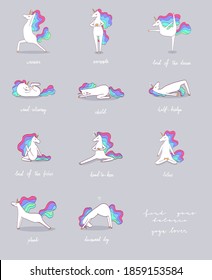 Vector cute yogi unicorn in different stretching poses. Mythical animal print poster in lotus, warrior, downward dog, namaste and other poses.