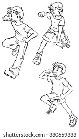 vector cute young boys running and jumping outline