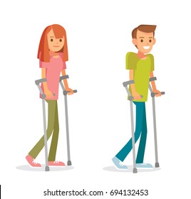 Vector cute young couple man and woman with disabilities walking with on crutches. Рeople with disability. Sufferer, ill, painful.