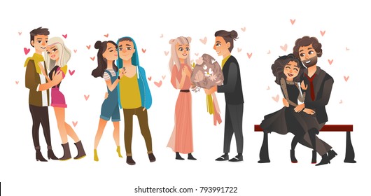 Vector cute young couples in love dating at valentine's day set. Cartoon beautiful characters in casual, formal clothing hugging, embrasing expressing care, positive emotions. Isolated illustration.