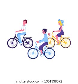 Vector cute young girl and two men riding bikes. Cheerful female, male character and outdoor sport. Cartoon people enjoying outdoor activity.