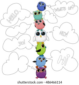 vector cute young owls with talk greeting clouds. Hand drawn style and bright colors.