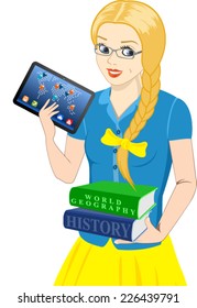 vector cute young school student girl with books and tablet pc