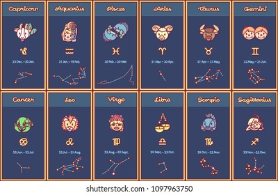 vector cute Zodiac cards. Cartoon print arts. Horoscope design for kids: capricorn, aquarius, pisces, aries, taurus, gemini, cancer, leo, virgo, libra, scorpio, sagittarius. 