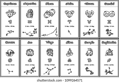 vector cute Zodiac cards. Cartoon print arts. Horoscope design for kids: capricorn, aquarius, pisces, aries, taurus, gemini, cancer, leo, virgo, libra, scorpio, sagittarius. Outline coloring book page