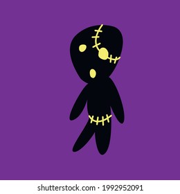 Vector cute zombie in cartoon flat style. Vector black silhouette, icon, clipart isolated on dark purple background. Theme of Happy Halloween, death, dead