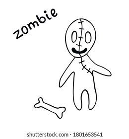 Vector cute zombie in cartoon style. Outline doodle illustration isolated on white background. For coloring book, halloween design, greeting card