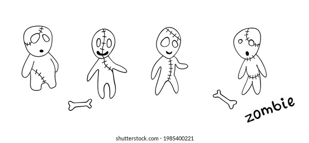 Vector cute zombies in cartoon style. Outline doodle illustration isolated on white background. Halloween elements of design