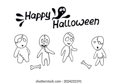 Vector cute zombies in cartoon style. Outline doodle illustration isolated on white background. Halloween elements of design