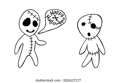 Vector cute zombies in cartoon style. Happy Halloween - lettering in speech bubble. Vector outline illustration isolated on white background. For coloring book page, holiday design, greeting card