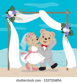 Vector cute,Groom and bride bears, with a wedding ceremony by the beach.