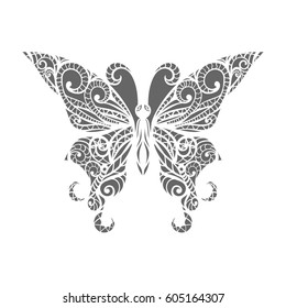 Vector,  cuting butterfly on white. Laser cutting. Card, tattoo