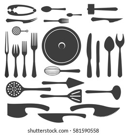 Vector cutlery black silhouettes. Knife, fork big dish isolated on white background