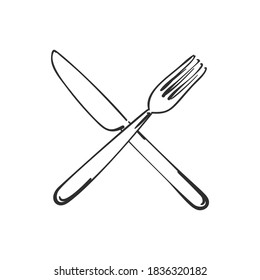 Vector cutlery, Fork and knife crossed linear sketch isolated pictogram, Kitchen dining utensils, Hand drawn black on white background