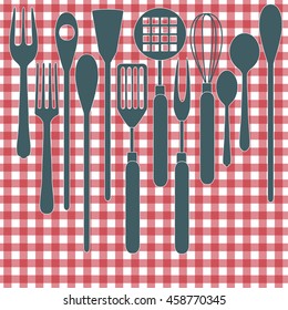 Vector cutlery on checkered tablecloth