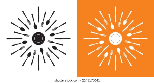 Vector cutlery scattered in a circle around a plate.