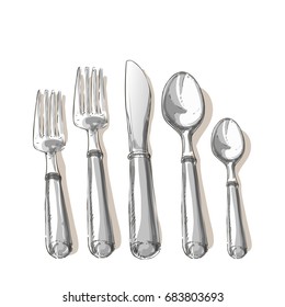 Vector cutlery set: forks, knive, spoons. Top view. Watercolor isolated illustration on white background.