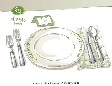 Vector cutlery set: forks, knive, spoons, empty plate on cloth napkin. Top view. Watercolor isolated illustration on white background.