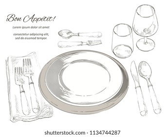 Vector cutlery set: forks, knives, spoons, empty plate on cloth napkin. Top view. Watercolor isolated illustration on white background.