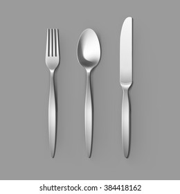 Vector Cutlery Set of Silver Fork Spoon and Knife Top View Isolated on Background. Table Setting