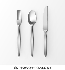 Vector Cutlery Set of Silver Fork Spoon and Knife Top View Isolated on White Background. Table Setting