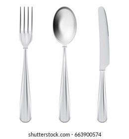 Vector Cutlery Set of Silver Fork Spoon and Knife Top View Isolated on White Background. Table Setting