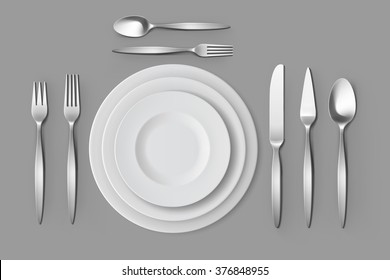 Vector Cutlery Set of Silver Forks Spoons and Knifes with Plates Top View Isolated on Background. Table Setting