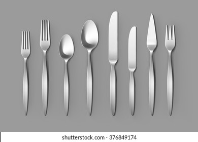 Vector Cutlery Set of Silver Forks Spoons and Knifes Top View Isolated on Background. Table Setting