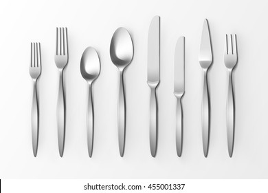 Vector Cutlery Set of Silver Forks Spoons and Knifes Top View Isolated on White Background. Table Setting