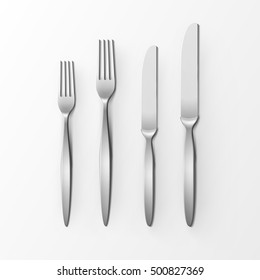 Vector Cutlery Set of Silver Forks and Knifes Top View Isolated on White Background. Table Setting